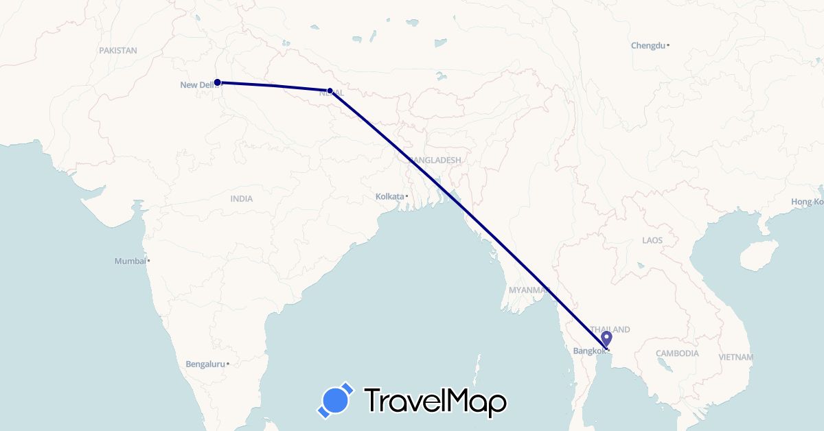 TravelMap itinerary: driving in India, Nepal, Thailand (Asia)