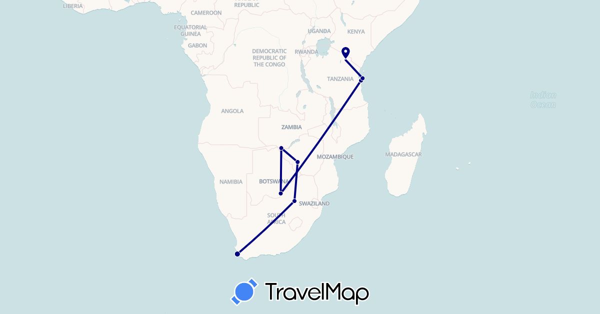 TravelMap itinerary: driving in Botswana, Tanzania, South Africa, Zimbabwe (Africa)